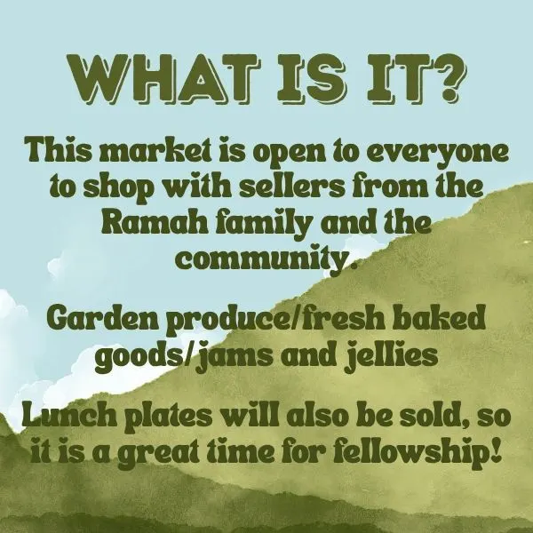 Community market with sellers from the Ramah family offering produce, baked goods, and lunch plates